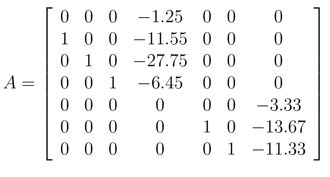 $\displaystyle A = \left[ \begin{array}{c c c c c c c} 0 & 0 & 0 & -1.25 & 0 &...
... 0 & 1 & 0 & -13.67\\ 0 & 0 & 0 & 0 & 0 & 1 & -11.33\\ \end{array} \right]$